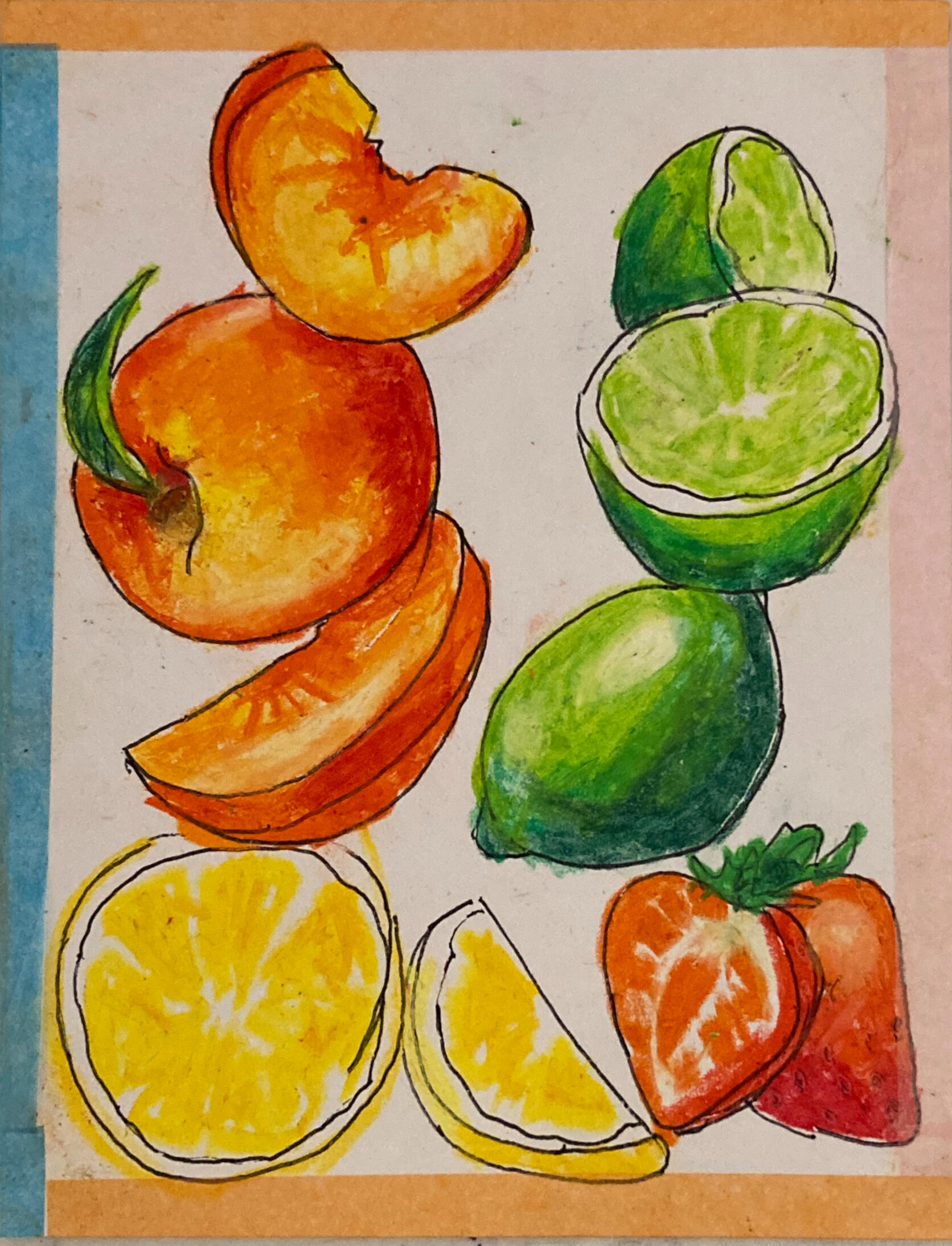 Oil pastel art of a peach, lemon, lime, and strawberry.