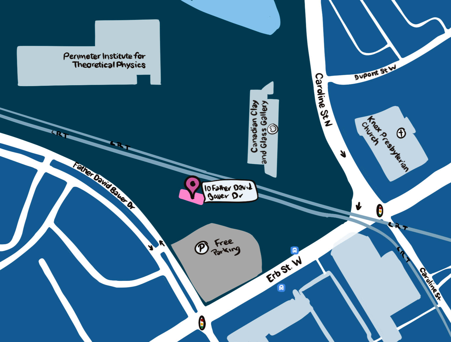 Map of the area surrounding 10 Father David Bauer Drive including Perimeter Institute for Theoretical Physics, Knox Presbyterian Church, and Canadian Clay and Glass Gallery