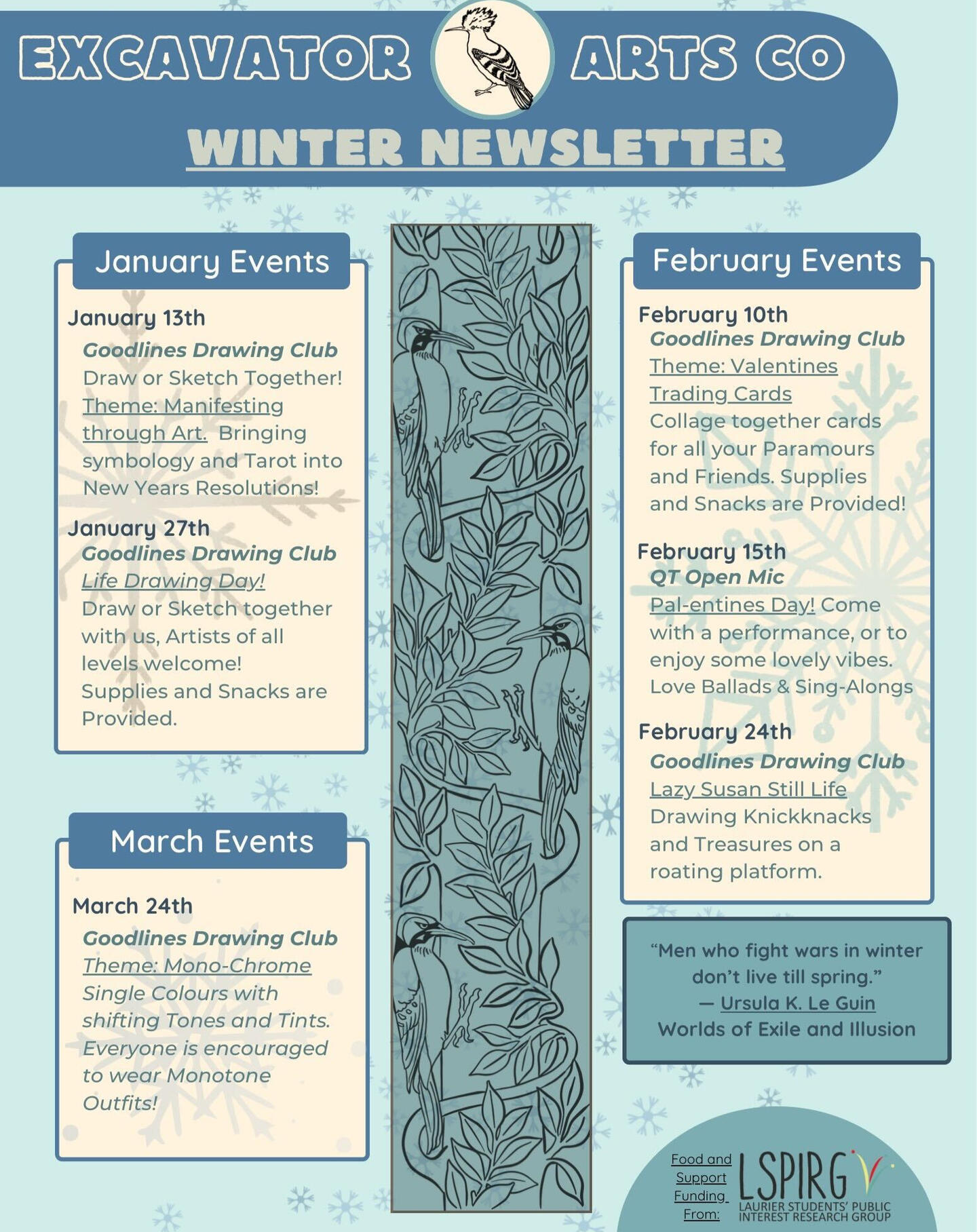 Excavator Arts Collective Winter News Letter. Text on a light blue background.